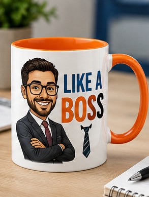Like a Boss custom caricature mug — orange accent